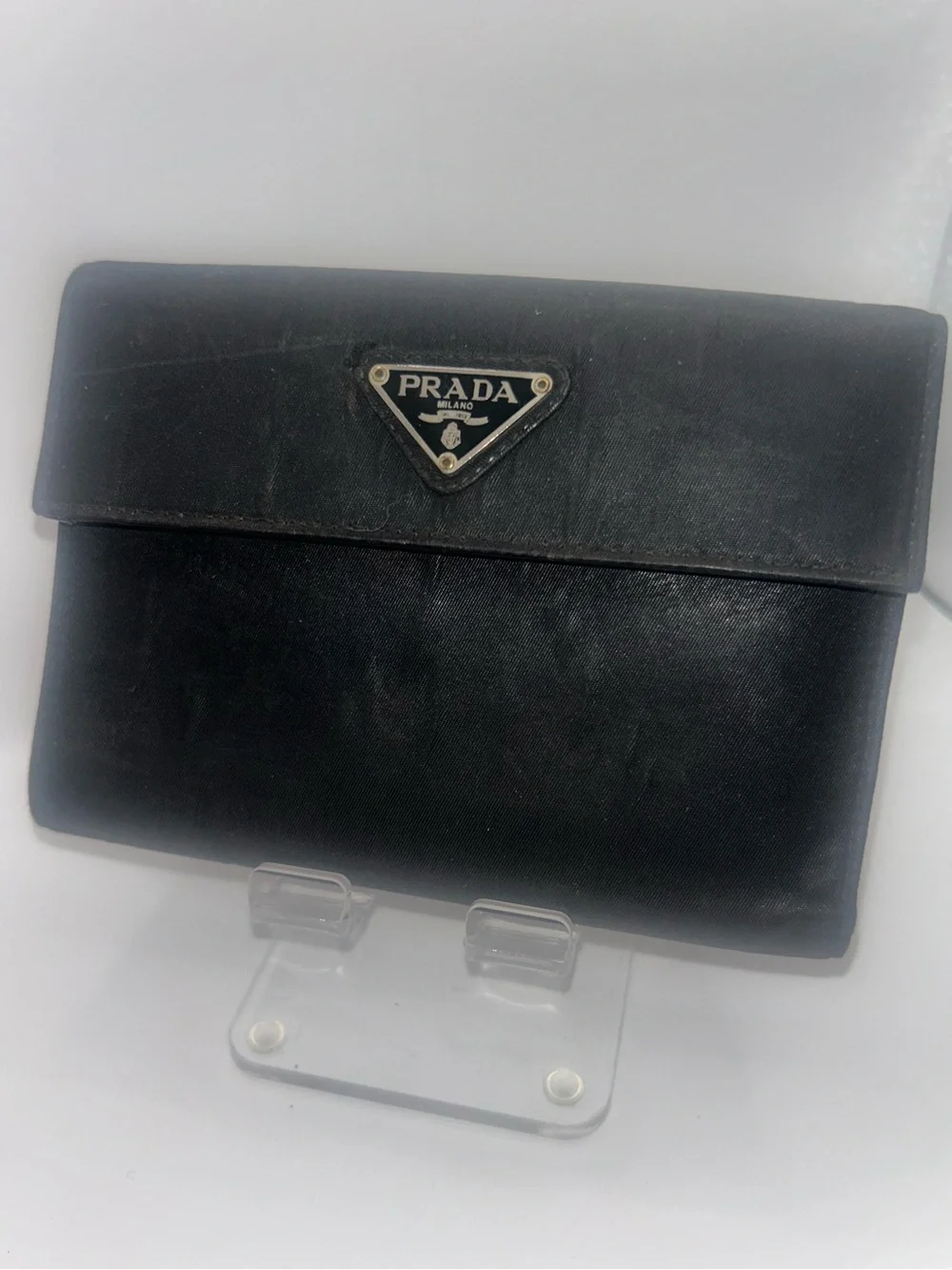 Prada Vintage Black Tessuto Nylon Saffiano Leather Trifold Wallet